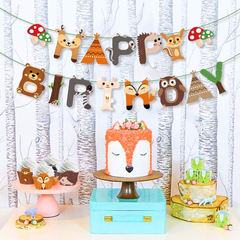 CC HOME Woodland Creature Birthday Banner,Woodland Animals Happy Birthday Banner,Forest Friend Animal Banner for Kids,Boys,Baby Shower,Birthday Party Decoration - Image 2